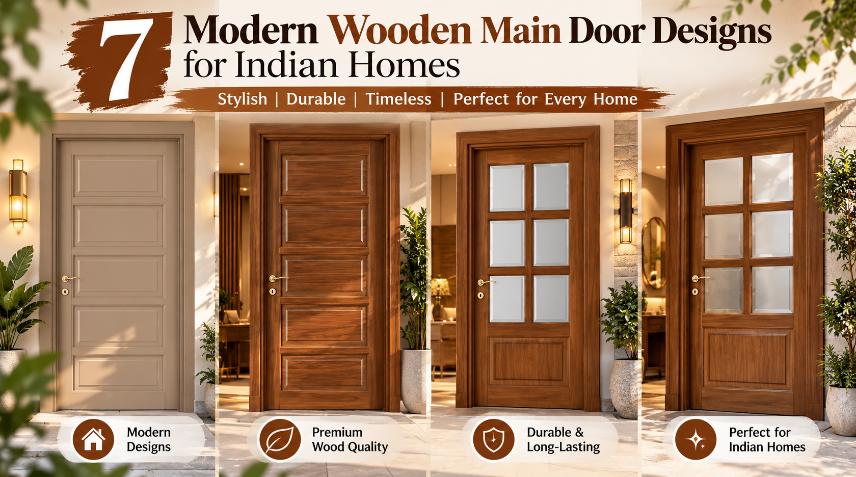 Collage of four modern wooden main door designs featuring different finishes and glass panel accents.