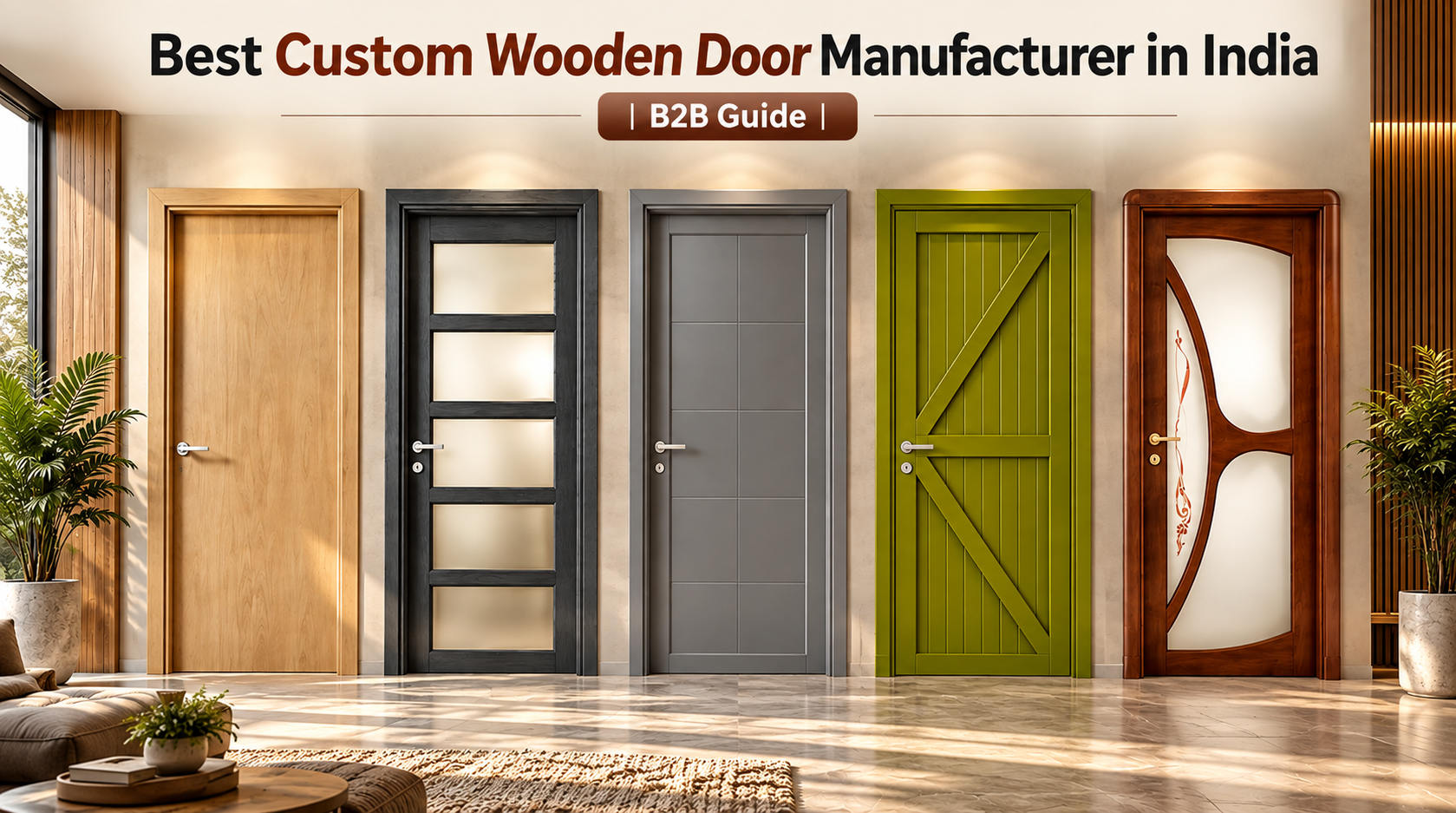 Five different custom wooden doors displayed in a modern showroom with text overlay.