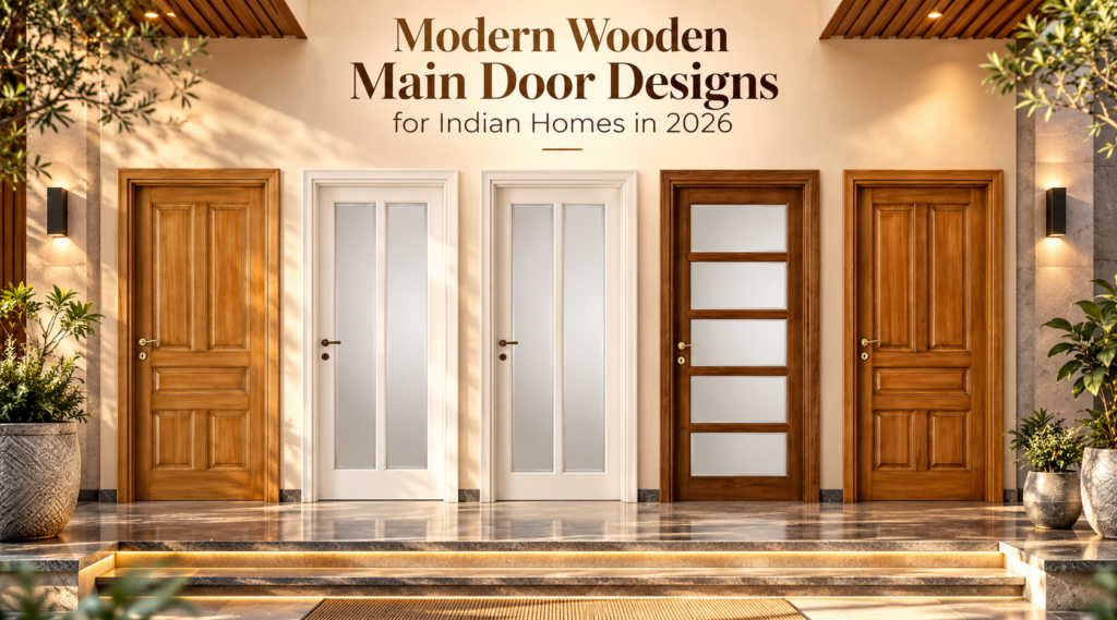 Modern wooden main door designs for Indian homes, featuring classic paneled wood doors, minimalist white doors, and contemporary glass-panel doors in a stylish entrance setting.