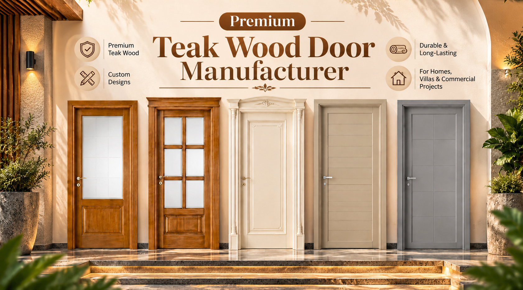 Premium teak wood door manufacturer showcasing five elegant wooden door designs, including classic, glass-panel, ornate, modern, and contemporary styles in a luxury showroom.