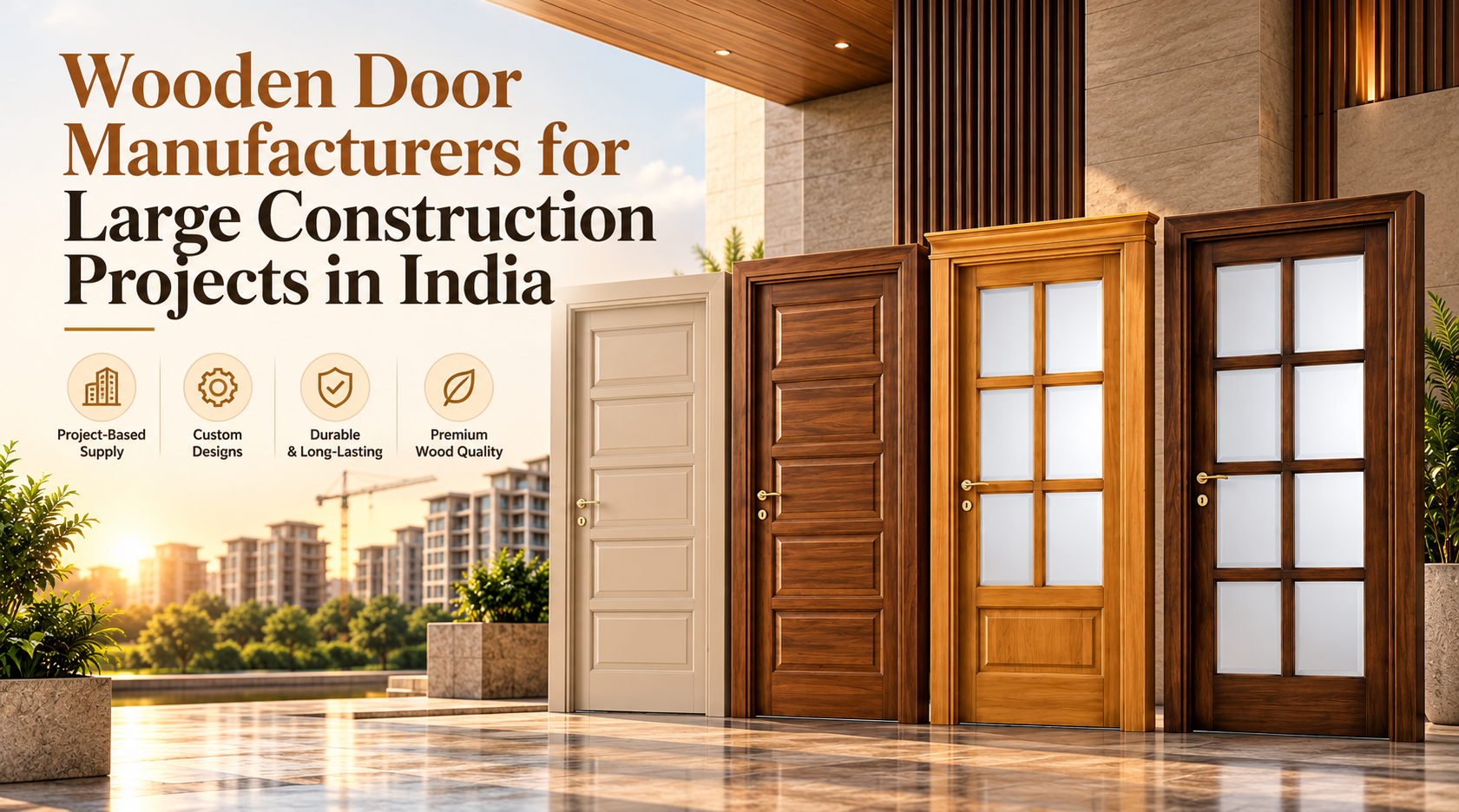 Four different wooden doors displayed in front of a modern building under construction.