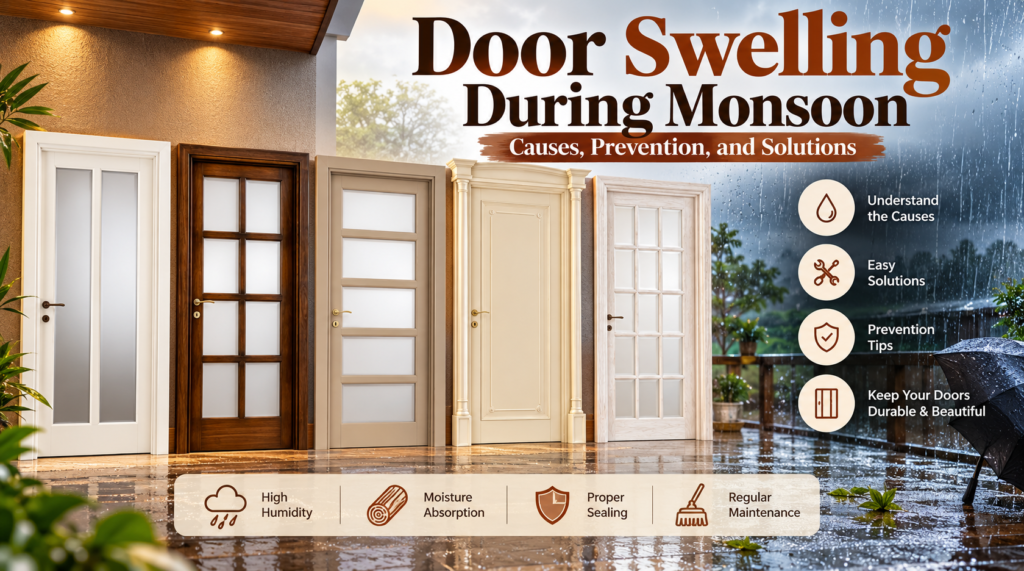 Infographic displaying causes, prevention, and solutions for door swelling during the monsoon season.