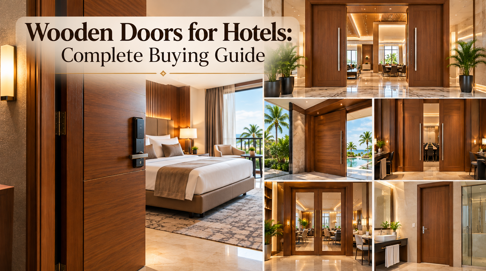 Collage of modern wooden doors installed in various hotel rooms, suites, and public spaces.