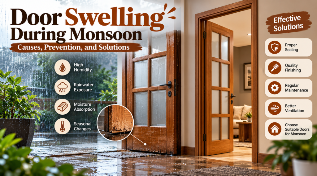 Infographic on door swelling during monsoon, showing causes, prevention, and effective solutions.
